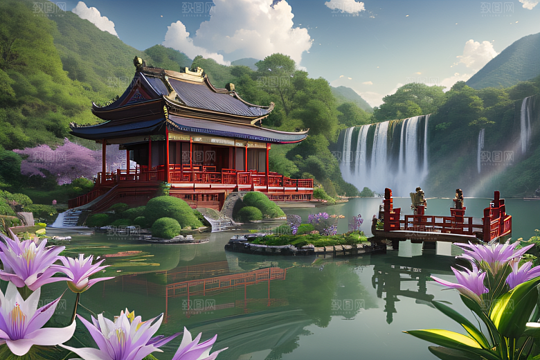 绿意盎然湖畔仙境中的紫色睡莲花园