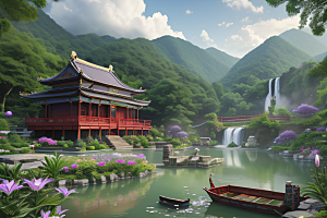 绿意盎然湖畔仙境中的紫色睡莲花园