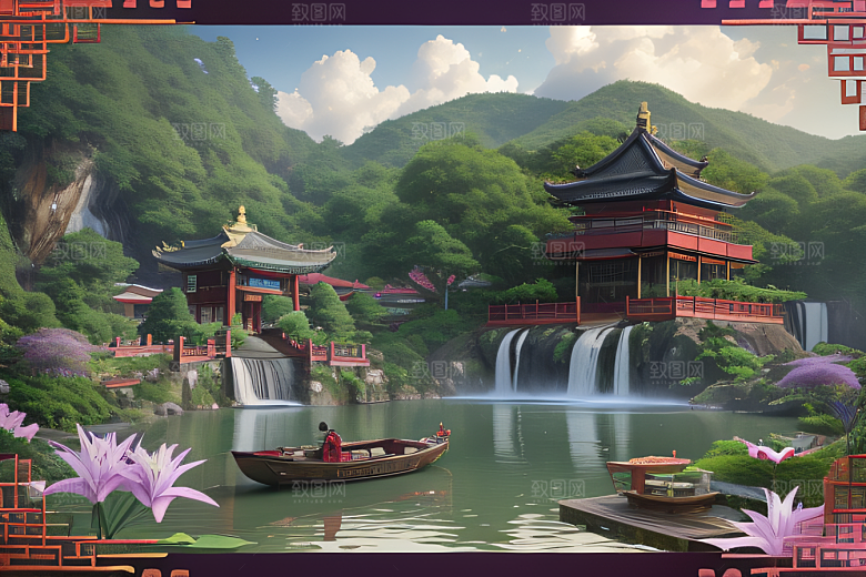 绿意盎然湖畔仙境中的紫色睡莲花园