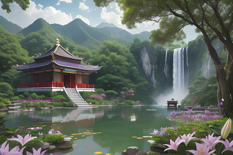 绿意盎然湖畔仙境中的紫色睡莲花园
