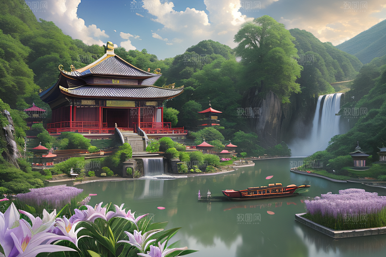 绿意盎然湖畔仙境中的紫色睡莲花园