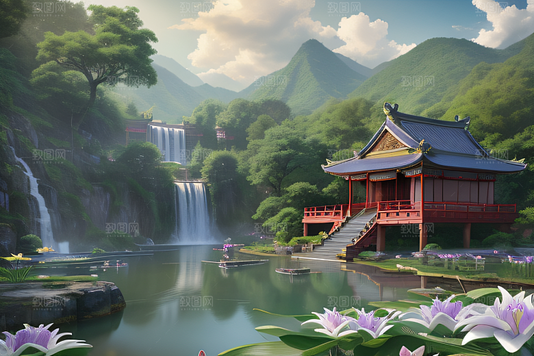 绿意盎然湖畔仙境中的紫色睡莲花园