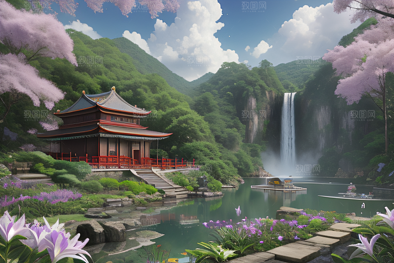 绿意盎然湖畔仙境中的紫色睡莲花园