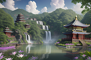 绿意盎然湖畔仙境中的紫色睡莲花园