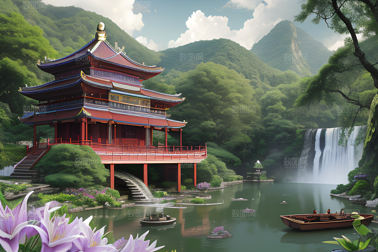 绿意盎然湖畔仙境中的紫色睡莲花园