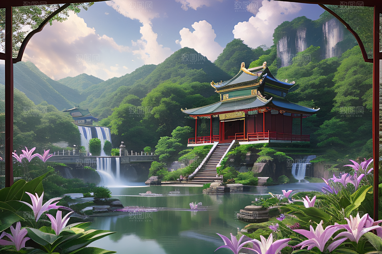 绿意盎然湖畔仙境中的紫色睡莲花园