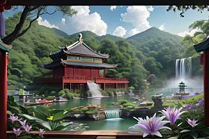 绿意盎然湖畔仙境中的紫色睡莲花园