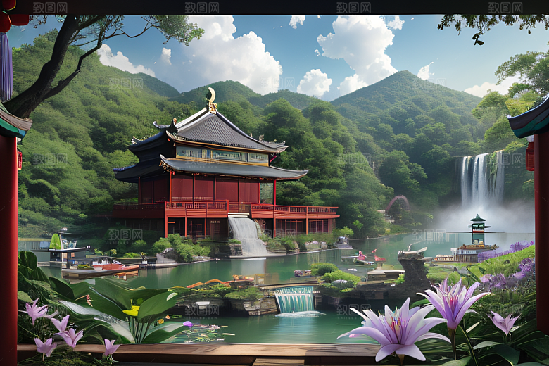 绿意盎然湖畔仙境中的紫色睡莲花园