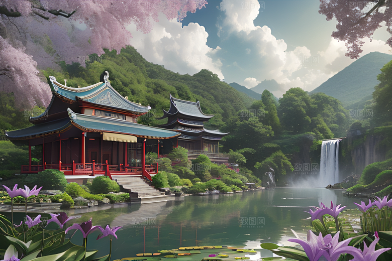 绿意盎然湖畔仙境中的紫色睡莲花园