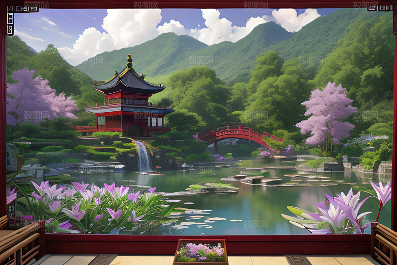 云雾翠竹湖畔紫色睡莲花园的浪漫景致