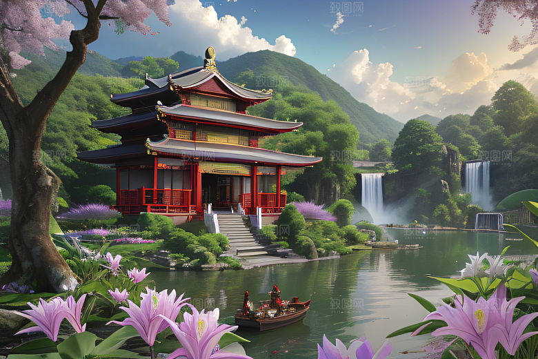 云雾翠竹湖畔紫色睡莲花园的浪漫景致