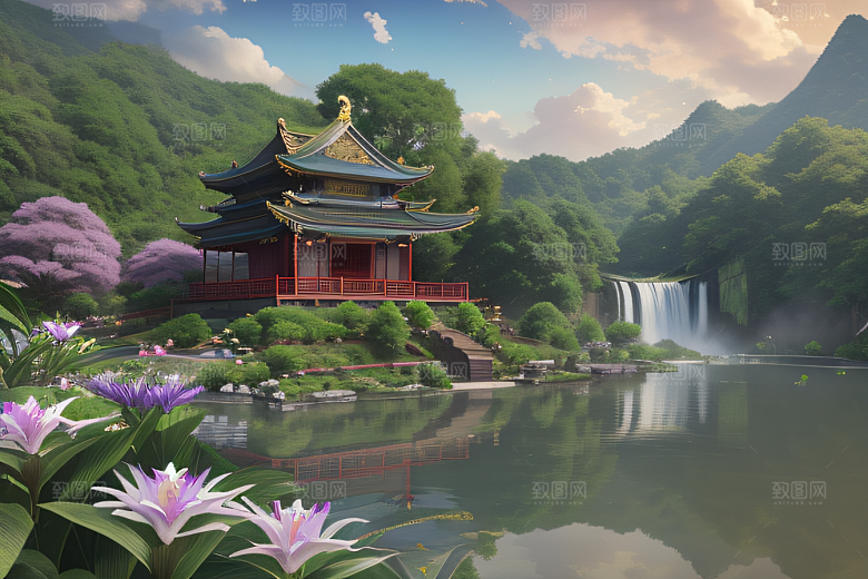 云雾翠竹湖畔紫色睡莲花园的浪漫景致