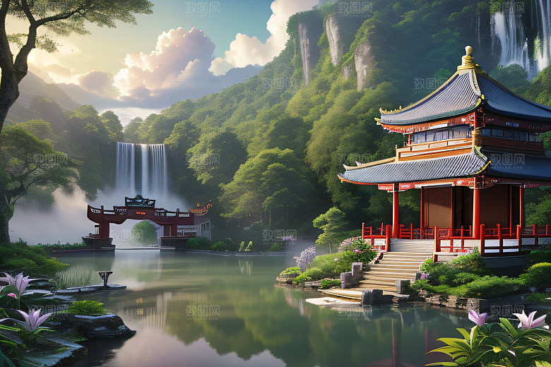 云雾翠竹湖畔紫色睡莲花园的浪漫景致