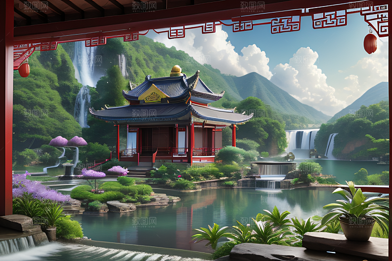 云雾翠竹湖畔紫色睡莲花园的浪漫景致