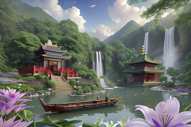 云雾翠竹湖畔紫色睡莲花园的浪漫景致