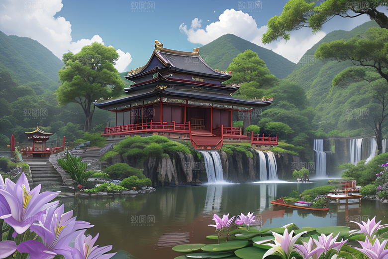 云雾翠竹湖畔紫色睡莲花园的浪漫景致