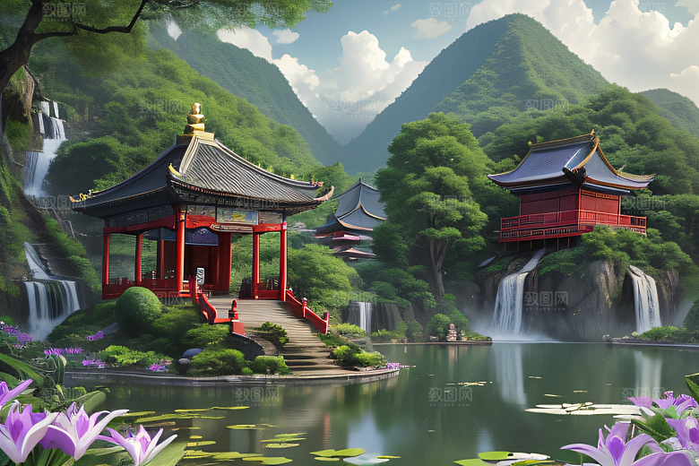 云雾翠竹湖畔紫色睡莲花园的浪漫景致
