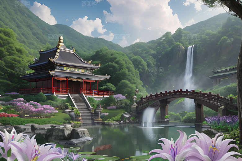云雾翠竹湖畔紫色睡莲花园的浪漫景致