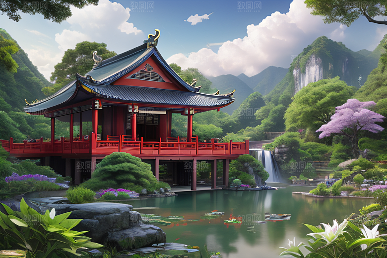 云雾翠竹湖畔紫色睡莲花园的浪漫景致