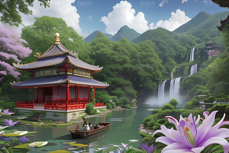 云雾翠竹湖畔紫色睡莲花园的浪漫景致