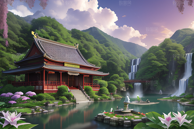 云雾翠竹湖畔紫色睡莲花园的浪漫景致