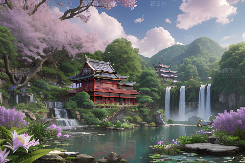 云雾翠竹湖畔紫色睡莲花园的浪漫景致