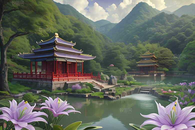 云雾翠竹湖畔紫色睡莲花园的浪漫景致