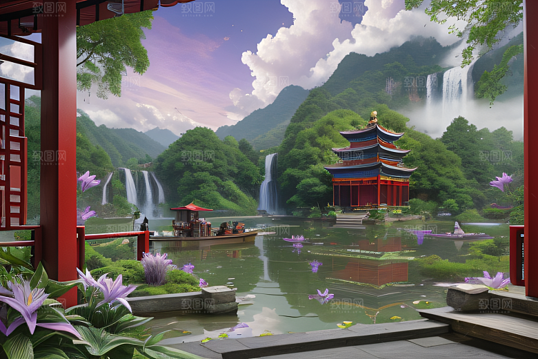 云雾翠竹湖畔紫色睡莲花园的浪漫景致