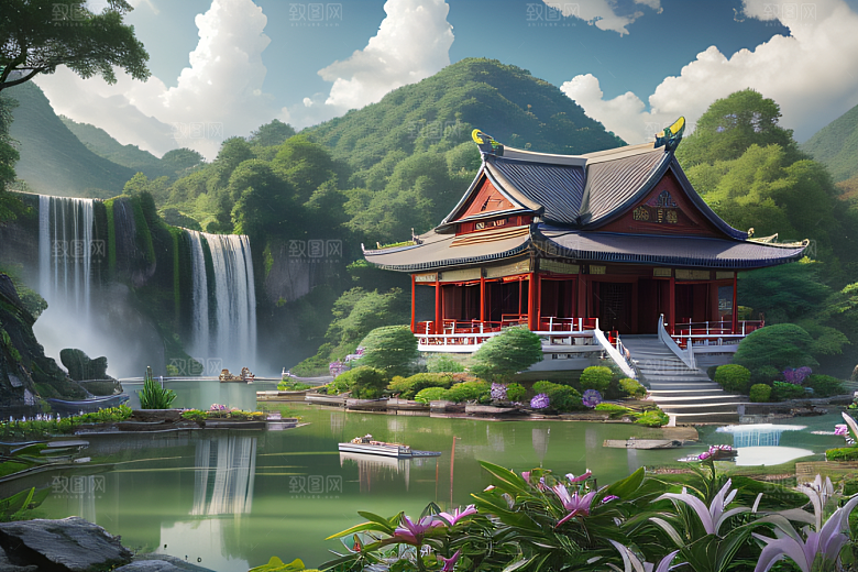 云雾翠竹湖畔紫色睡莲花园的浪漫景致