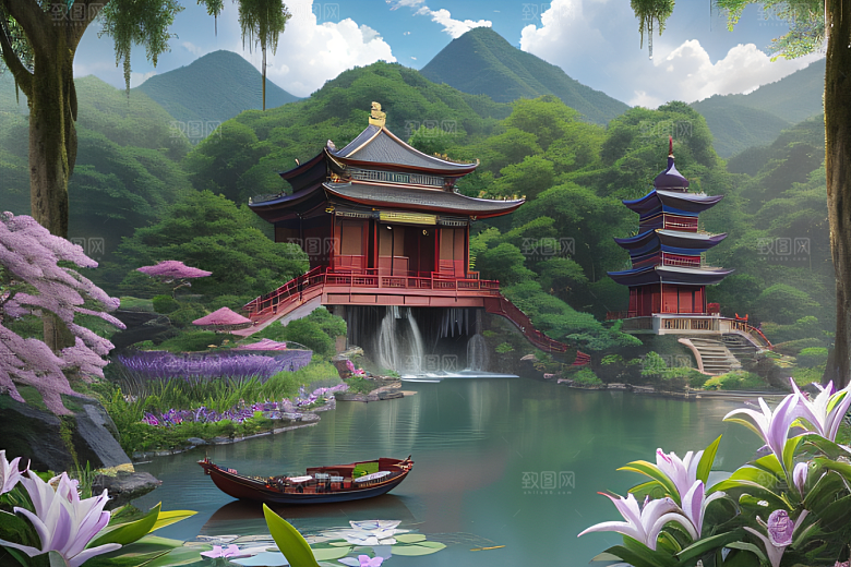 云雾翠竹湖畔紫色睡莲花园的浪漫景致