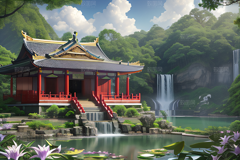 湖畔仙境中国寺庙与瀑布交相辉映