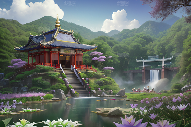 湖畔仙境中国寺庙与瀑布交相辉映