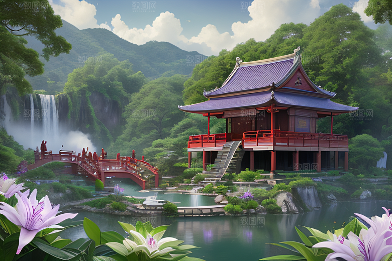 湖畔仙境中国寺庙与瀑布交相辉映