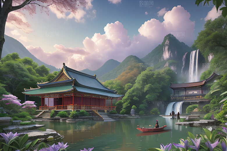 湖畔仙境中国寺庙与瀑布交相辉映