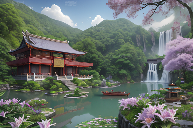 湖畔仙境中国寺庙与瀑布交相辉映