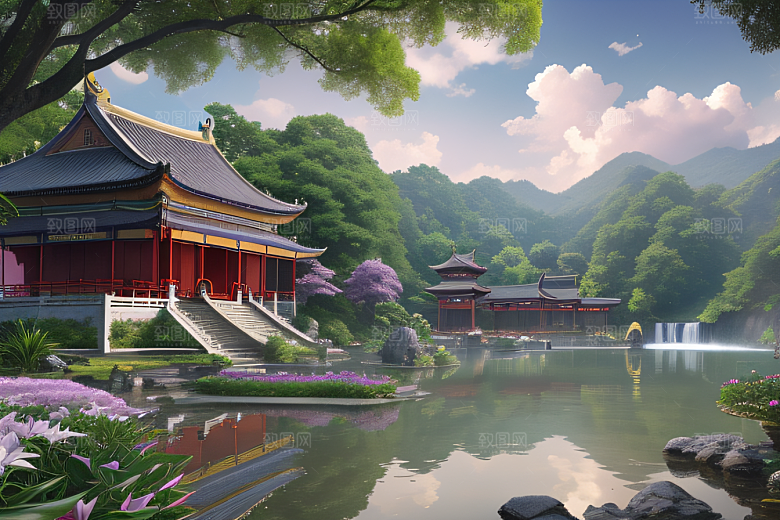 湖畔仙境中国寺庙与瀑布交相辉映