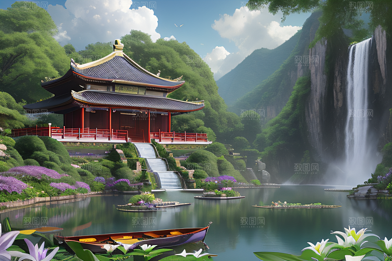 湖畔仙境中国寺庙与瀑布交相辉映
