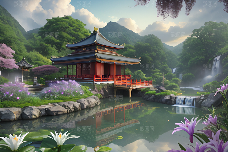 湖畔仙境中国寺庙与瀑布交相辉映