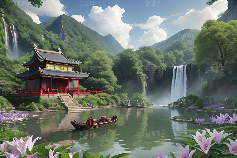 湖畔仙境中国寺庙与瀑布交相辉映