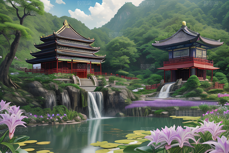 湖畔仙境中国寺庙与瀑布交相辉映