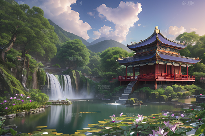 湖畔仙境中国寺庙与瀑布交相辉映