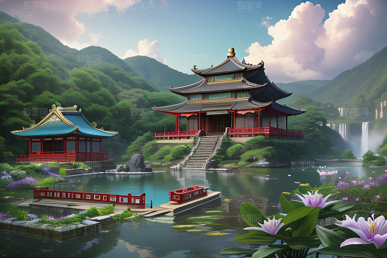 湖畔仙境中国寺庙与瀑布交相辉映