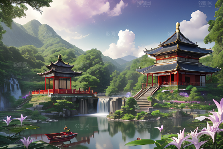 湖畔仙境中国寺庙与瀑布交相辉映