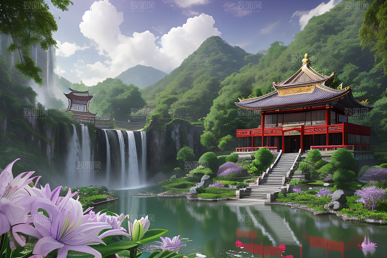 湖畔仙境中国寺庙与瀑布交相辉映