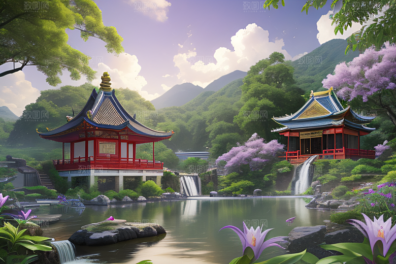 湖畔仙境中国寺庙与瀑布交相辉映
