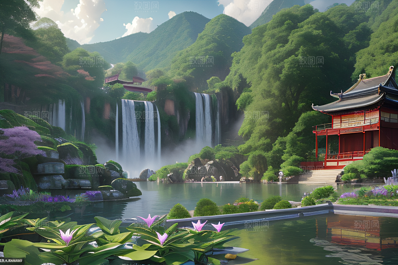 湖畔仙境中国寺庙与瀑布交相辉映