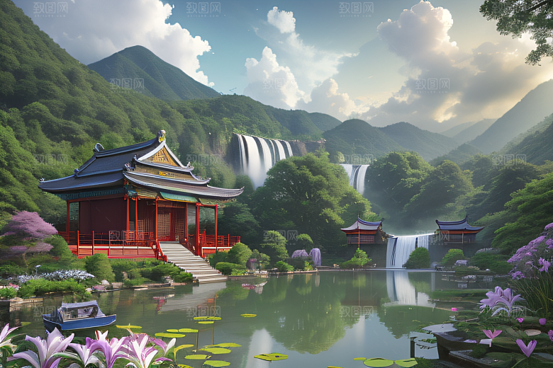 湖畔仙境中国寺庙与瀑布交相辉映