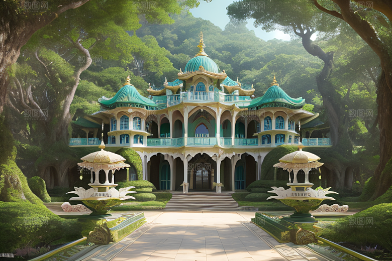 美丽仙境宫殿融入大海和森林的画卷