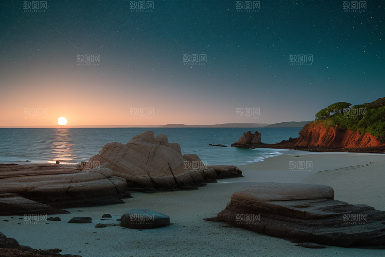 浪漫夜晚的海岸风光