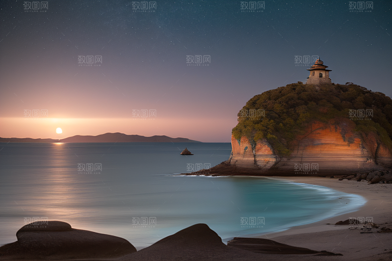 浪漫夜晚的海岸风光